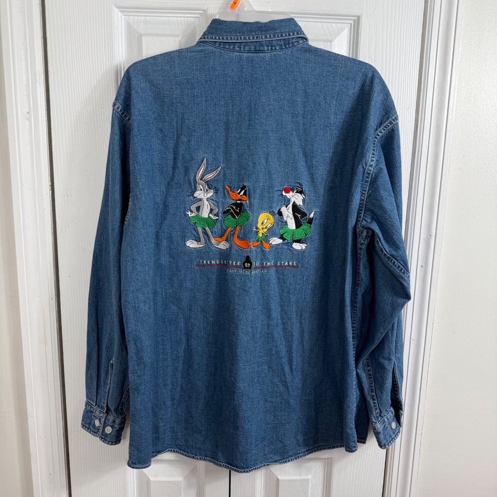 Vintage 90s Warner Bros Studio Store Denim Shirt Marvin Martian Looney Tunes M